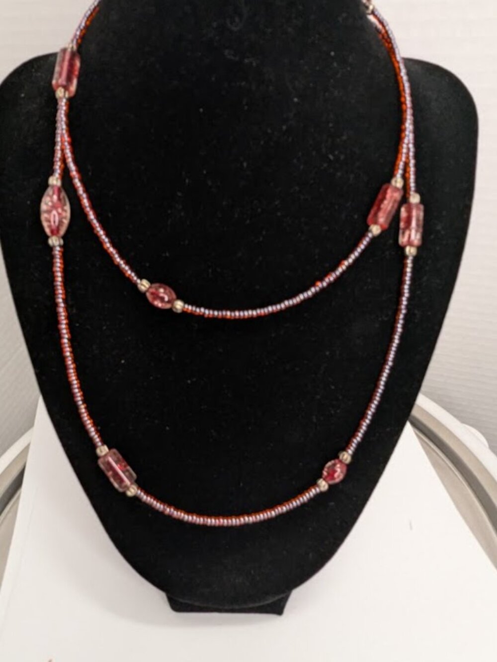 Handmade red coloured beaded necklace long